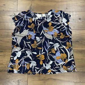 Cynthia Rowley Top Womens L 100% Linen Floral Print Side Button Navy Blue Yellow